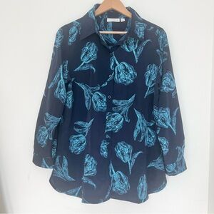 Susan Graver Blouse Mature Womens Blue Floral Button Front Long Sleeve Top Sz 8